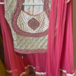 3 piece kids lehenga choli pink white net and velvet fabric age 10 to 12